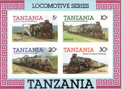Tanzania 1985 Locomotives. (Variety, Imperf) (ss/4v) MNH(**) Tanzania 1985 Locomotives. (Variety, Imperf) (ss/4v) MNH(**)