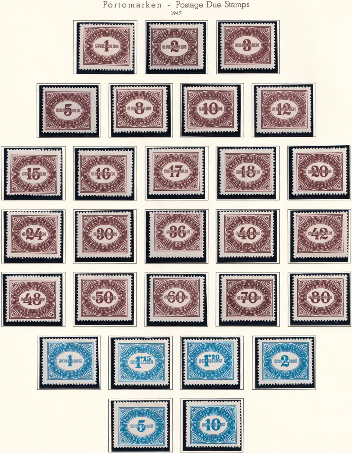 Austria 1947 Numeral Stamps (Postage Due) - With "GROSCHEN" Inscription Across Value. MNH(**) Austria 1947 Numeral Stamps (Postage Due) - With "GROSCHEN" Inscription Across Value. MNH(**)
