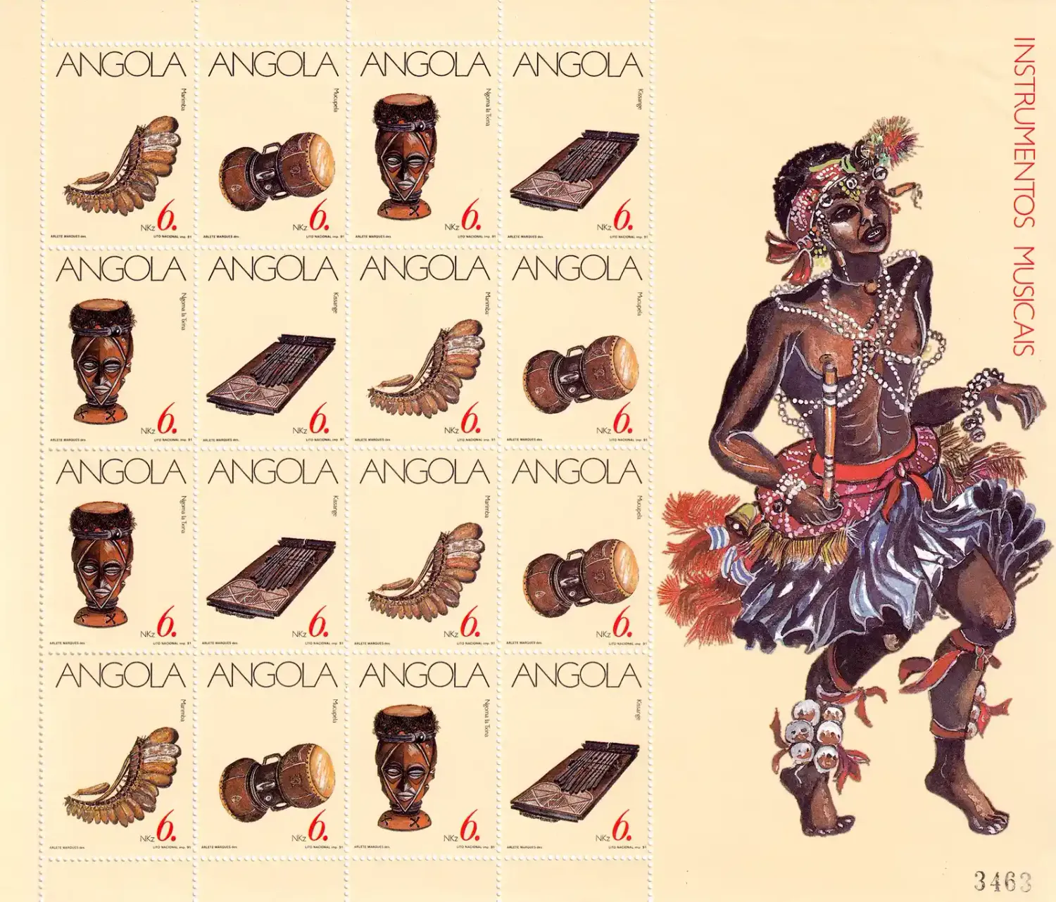 Angola 1991 Musical Instruments Sheet. MNH(**) Angola 1991 Musical Instruments Sheet. MNH(**)