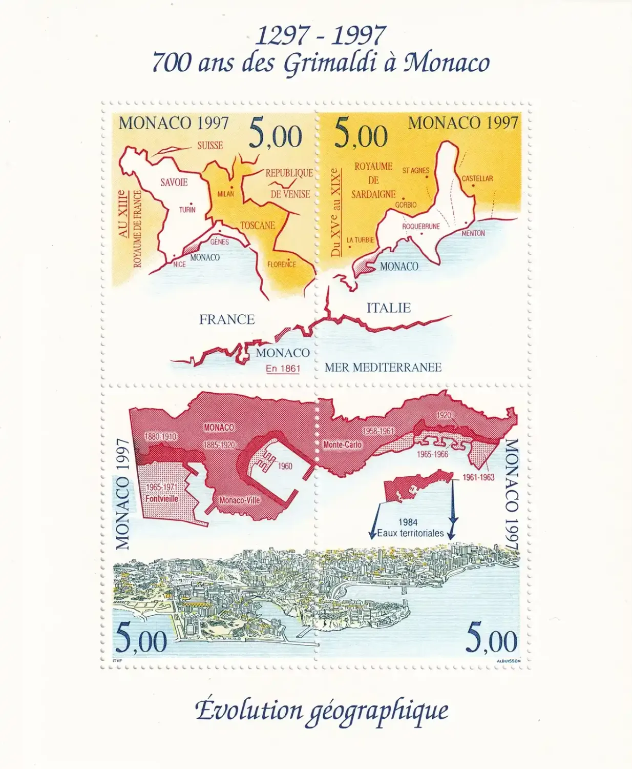 Monaco 1997 The 700th Anniv of Grimaldi Dynasty - Geographical Evolution of Monaco (ss/4v)-MNH(**) Monaco 1997 The 700th Anniv of Grimaldi Dynasty - Geographical Evolution of Monaco (ss/4v)-MNH(**)