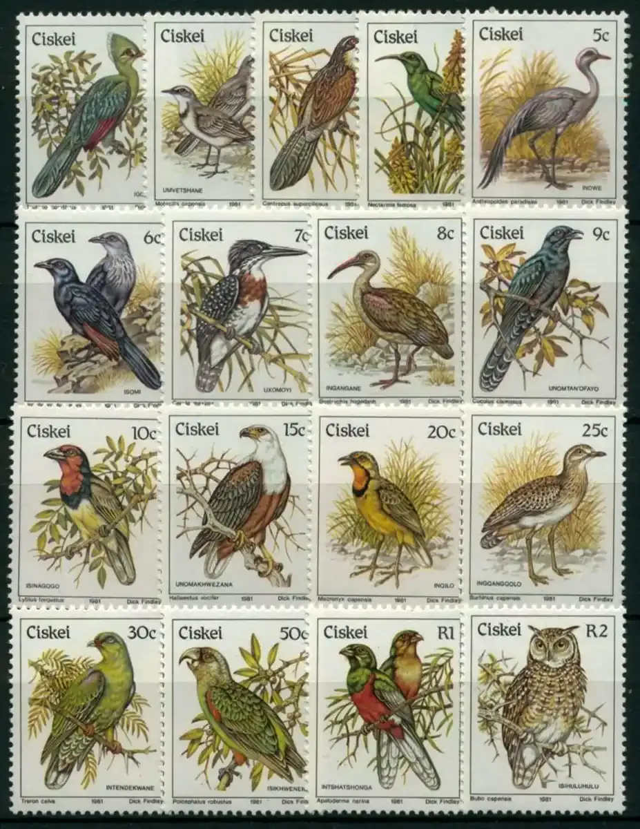 Ciskei 1981 Birds Crane Cape Owl Cape Thick-knee Parrot Fruit Dove (17v) MNH(**) Ciskei 1981 Birds Crane Cape Owl Cape Thick-knee Parrot Fruit Dove (17v) MNH(**)