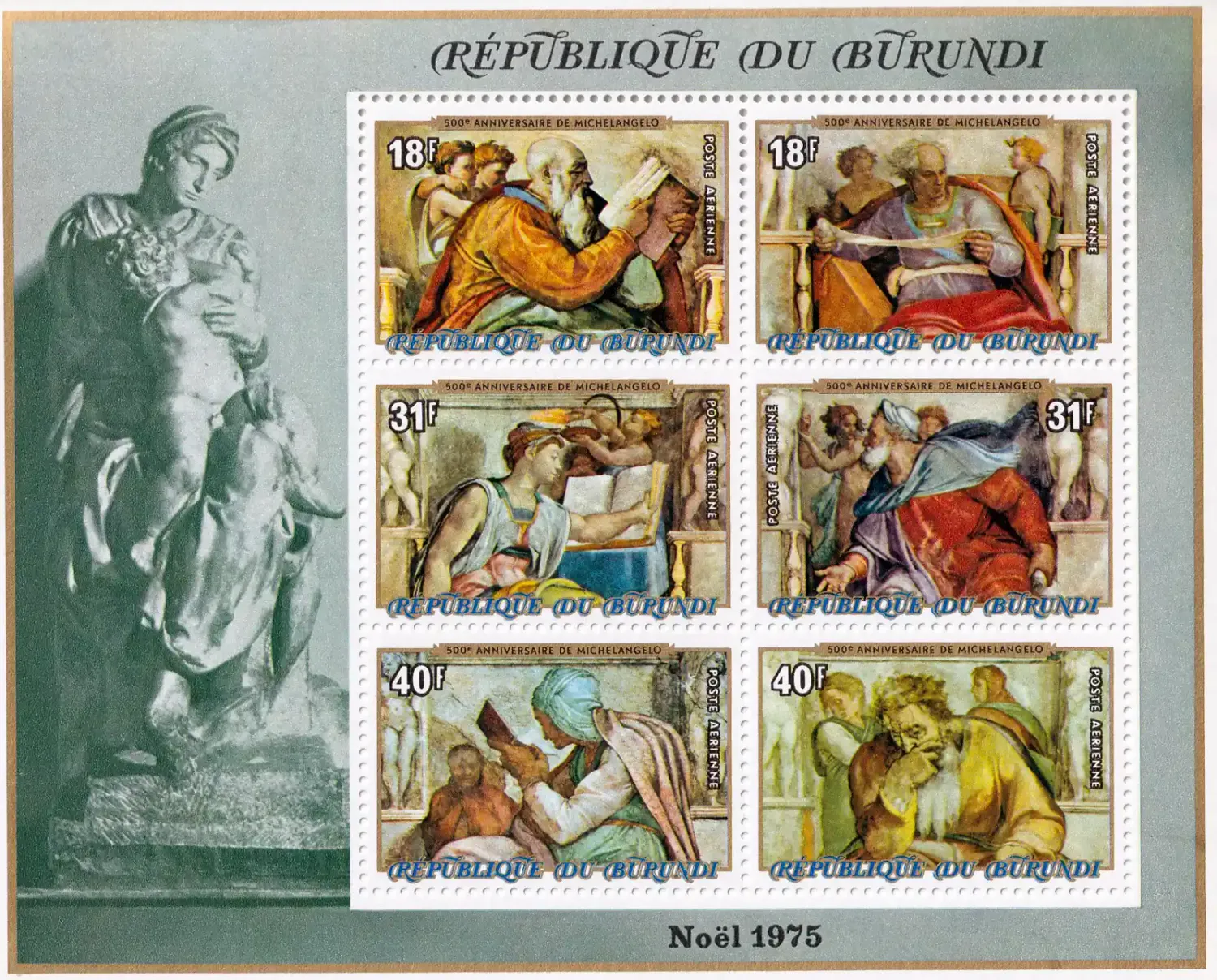 Burundi 1975 Christmas - The 500th Anniv, Michelangelo (ss/6v). MNH(**) Burundi 1975 Christmas - The 500th Anniv, Michelangelo (ss/6v). MNH(**)