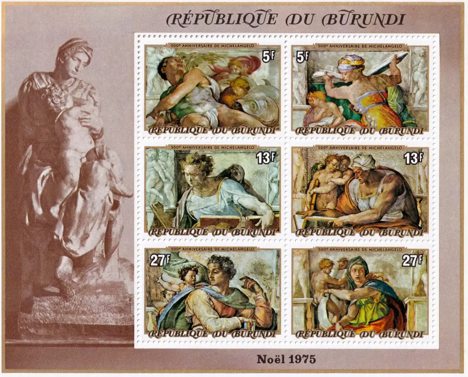 Burundi 1975 Christmas - The 500th Anniv, Michelangelo (ss/6v). MNH(**) Burundi 1975 Christmas - The 500th Anniv, Michelangelo (ss/6v). MNH(**)