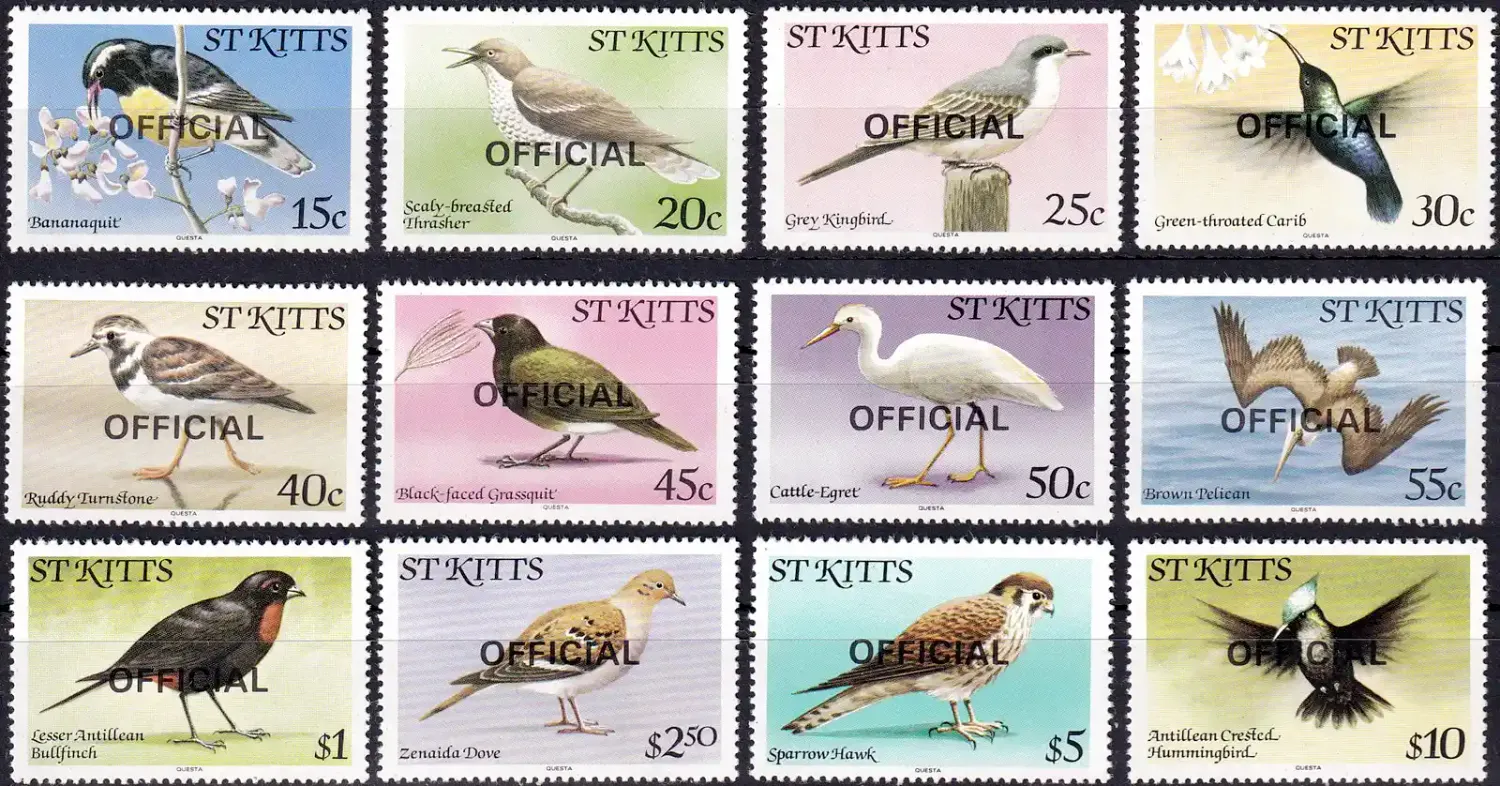 St. Kitts 1982 Birds - St. Kitts postage Stamps of 1981 Ovpt. "OFFICIAL" (12v). MNH(**) St. Kitts 1982 Birds - St. Kitts postage Stamps of 1981 Ovpt. "OFFICIAL" (12v). MNH(**)