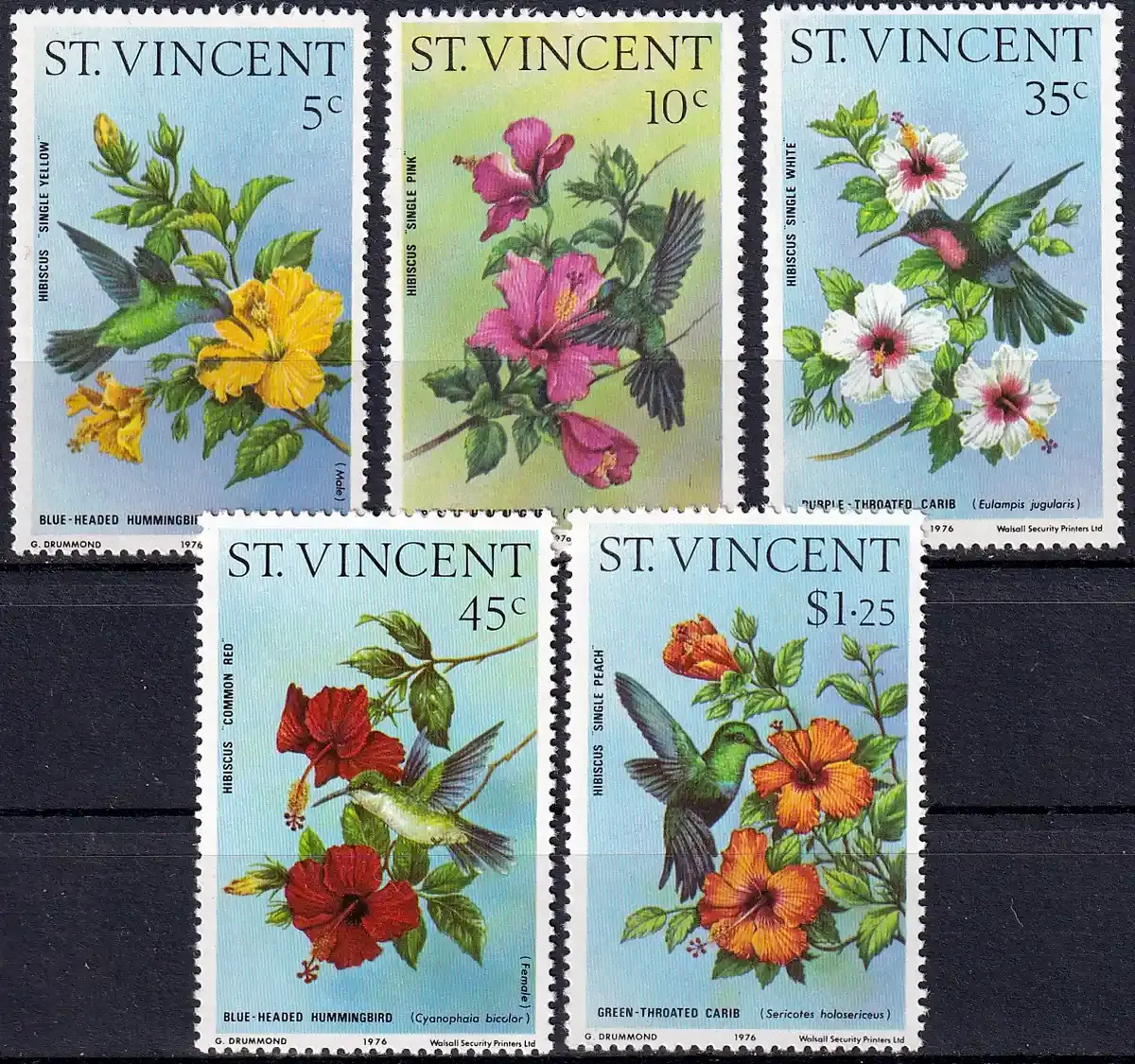 St. Vincent 1976 Hummingbirds and Hibiscus Flowers (5v) MNH(**)