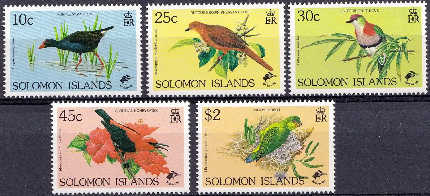 Solomon Islands 1990 National Stamp Exhibition "Birdpex '90" - Christchurch, New Zealand. Birds (5v). MNH(**) Solomon Islands 1990 National Stamp Exhibition "Birdpex '90" - Christchurch, New Zealand. Birds (5v). MNH(**)