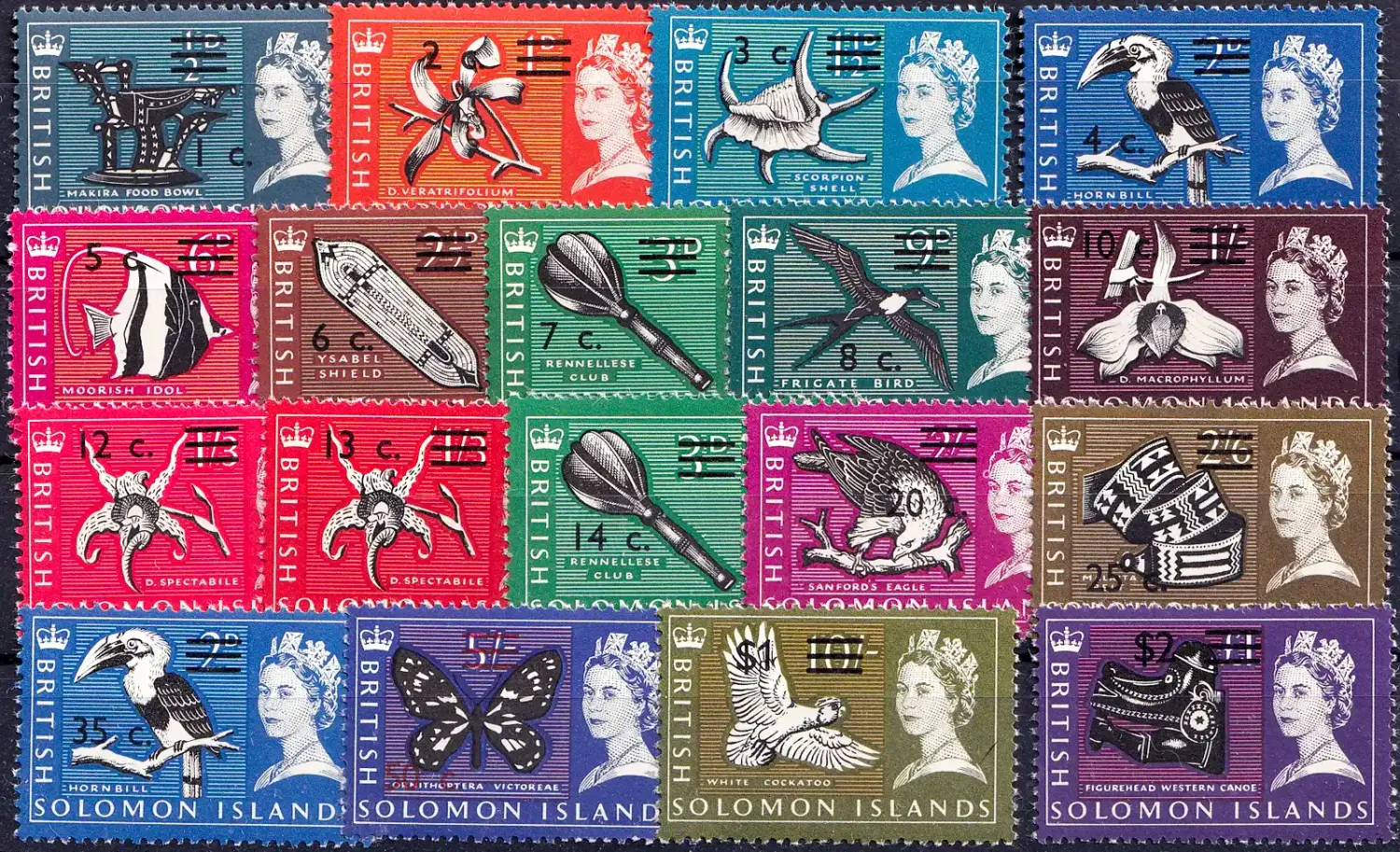 Solomon Islands 1966 Issues of 1965 with Imprint of New Value (Portrait of Queen Elizabeth II). MNH(**) Solomon Islands 1966 Issues of 1965 with Imprint of New Value (Portrait of Queen Elizabeth II). MNH(**)