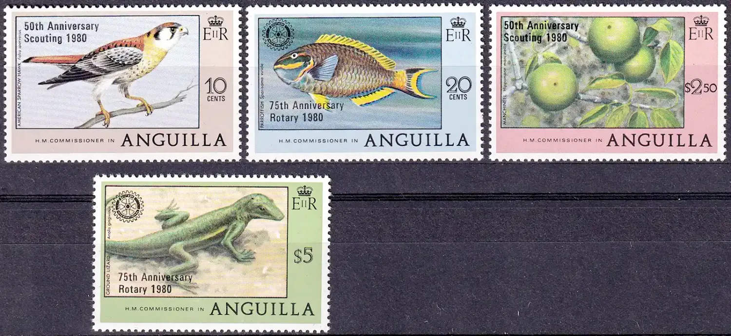 Anguilla 1980 Opt "50th Anniversary Scouting, 1980" & "75th Anniversary Rotary, 1980" (4v). MNH(**) Anguilla 1980 Opt "50th Anniversary Scouting, 1980" & "75th Anniversary Rotary, 1980" (4v). MNH(**)