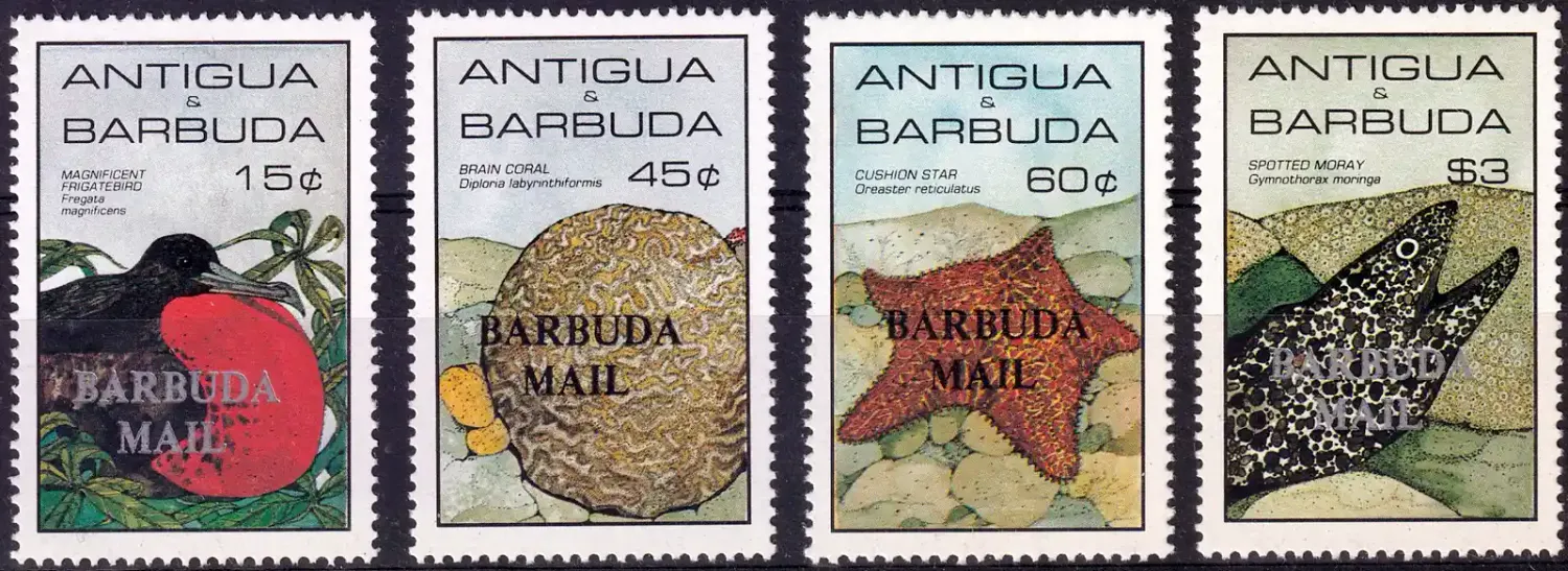 Barbuda 1985 Marine Life, Birds - Overprinted "BARBUDA MAIL" (4v). MNH(**) Barbuda 1985 Marine Life, Birds - Overprinted "BARBUDA MAIL" (4v). MNH(**)