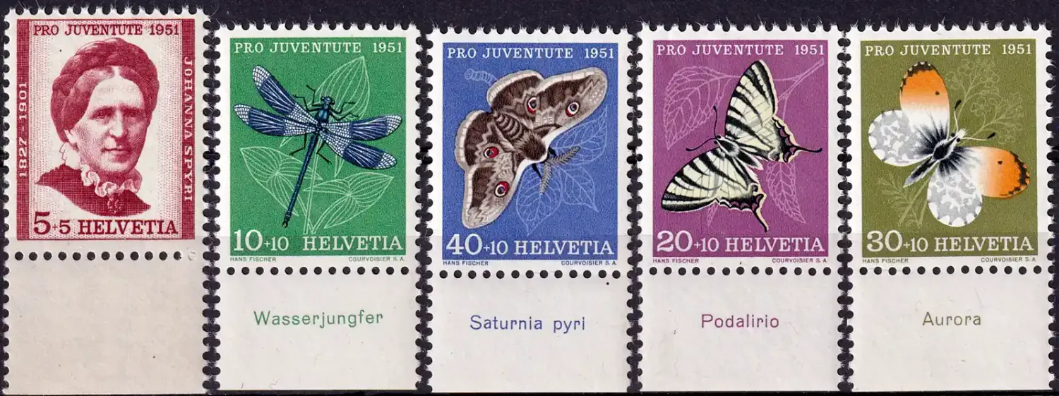 Switzerland 1951 Pro Juventute - The 50th Anniv of the Death of Johanna Spyri - Insects, Butterflies, Moths (5v). MNH(**) Switzerland 1951 Pro Juventute - The 50th Anniv of the Death of Johanna Spyri - Insects, Butterflies, Moths (5v). MNH(**)