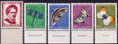 Switzerland 1951 Pro Juventute - The 50th Anniv of the Death of Johanna Spyri - Insects, Butterflies, Moths (5v). MNH(**)