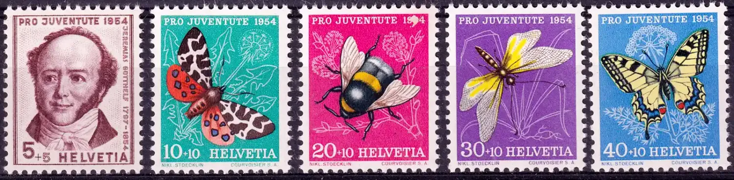 Switzerland 1954 Pro Juventute - The 100th Anniv of the Death of Jeremias Gotthelf - Insects, Butterflies, Moths (5v). MNH(**) Switzerland 1954 Pro Juventute - The 100th Anniv of the Death of Jeremias Gotthelf - Insects, Butterflies, Moths (5v). MNH(**)