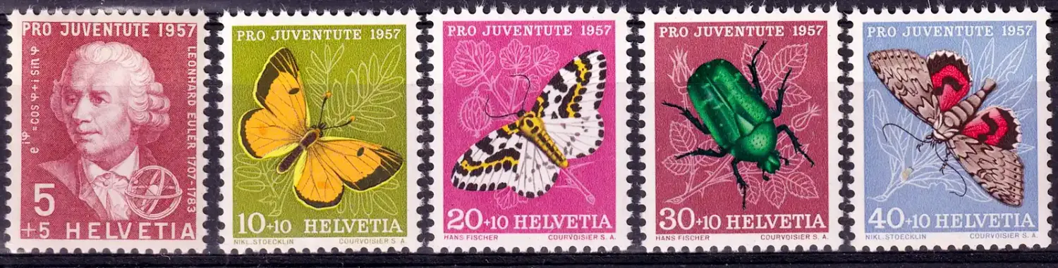 Switzerland 1957 Pro Juventute - The 250th Anniv of Leonhard Euler - Insects, Butterflies, Moths (5v). MNH(**) Switzerland 1957 Pro Juventute - The 250th Anniv of Leonhard Euler - Insects, Butterflies, Moths (5v). MNH(**)