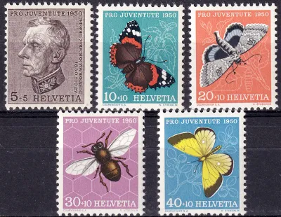 Switzerland 1950 Pro Juventute - The 100th Anniversary of the Death of Teophil Sprecher - Insects, Butterflies, Moths (5v). MNH(**)