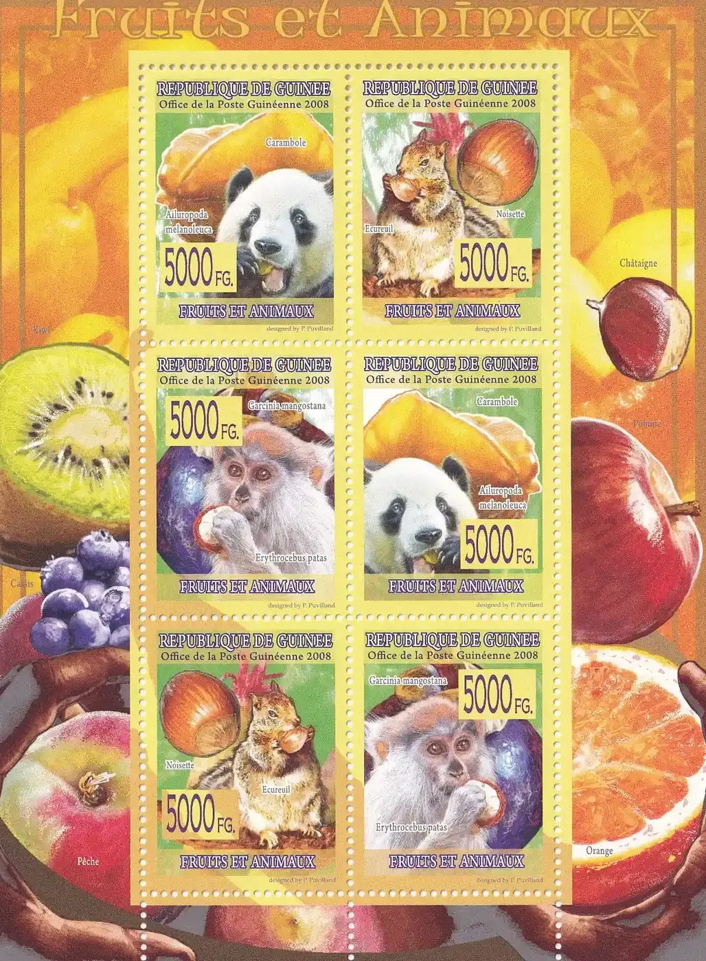 Guinea 2008 2008 Fauna - Animals & Fruits. (ss/6v). MNH(**) Guinea 2008 2008 Fauna - Animals & Fruits. (ss/6v). MNH(**)