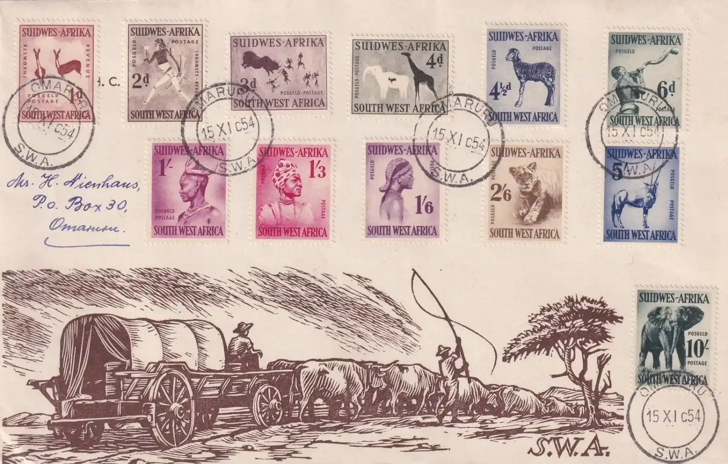 South West Africa 1954 Definitive (12v) on cover