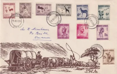 South West Africa 1954 Definitive (10v) on cover South West Africa 1954 Definitive (10v) on cover