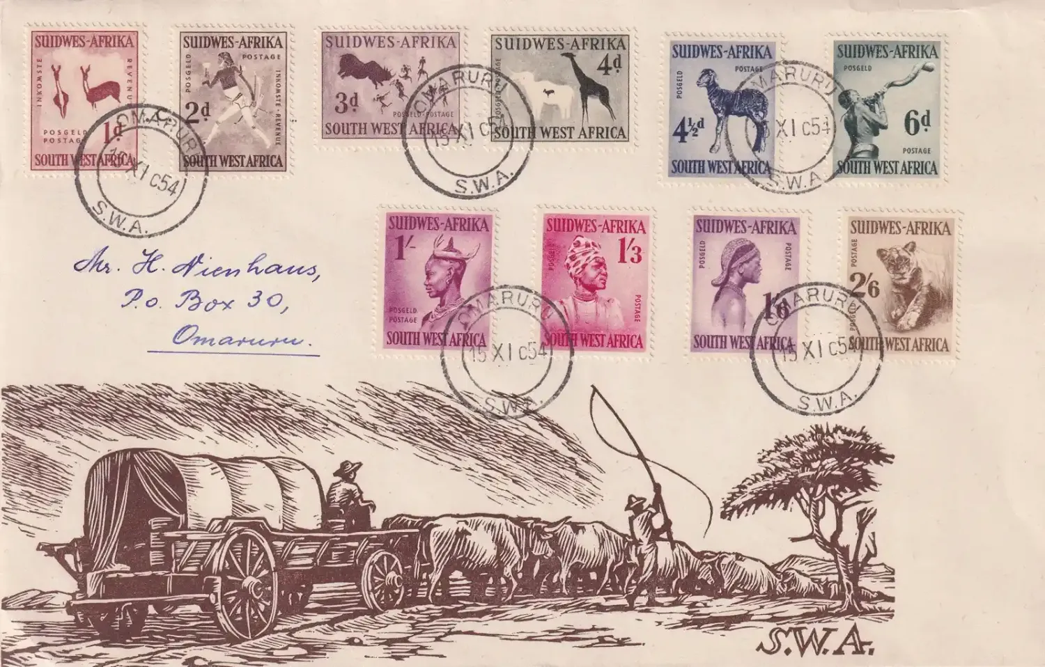 South West Africa 1954 Definitive (10v) on cover South West Africa 1954 Definitive (10v) on cover