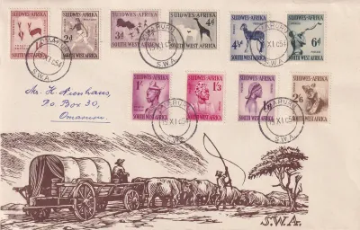 South West Africa 1954 Definitive (10v) on cover South West Africa 1954 Definitive (10v) on cover