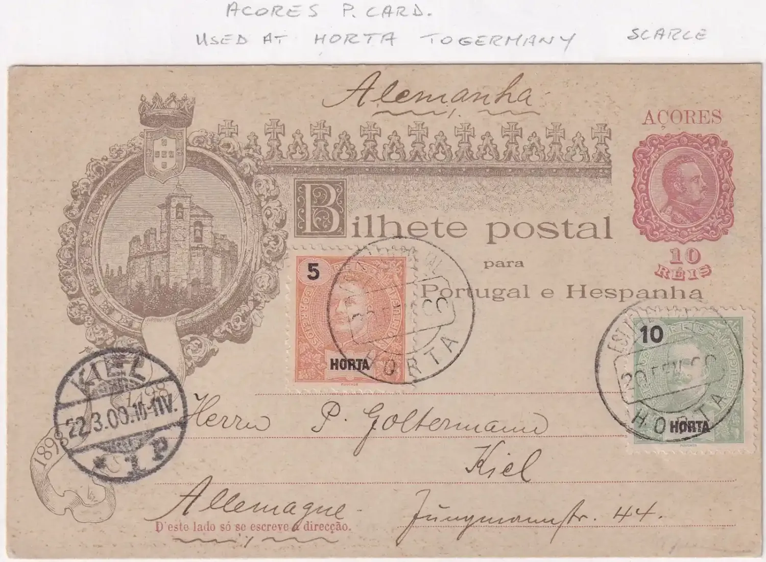 Horta 1900, Postal Cart of Azores 1890's posted to Kiel, Germany Horta 1900, Postal Cart of Azores 1890's posted to Kiel, Germany