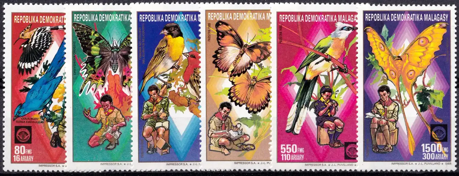 Madagascar 1988 Scout Movement - Birds and Butterflies (6v)-MNH(**) Madagascar 1988 Scout Movement - Birds and Butterflies (6v)-MNH(**)