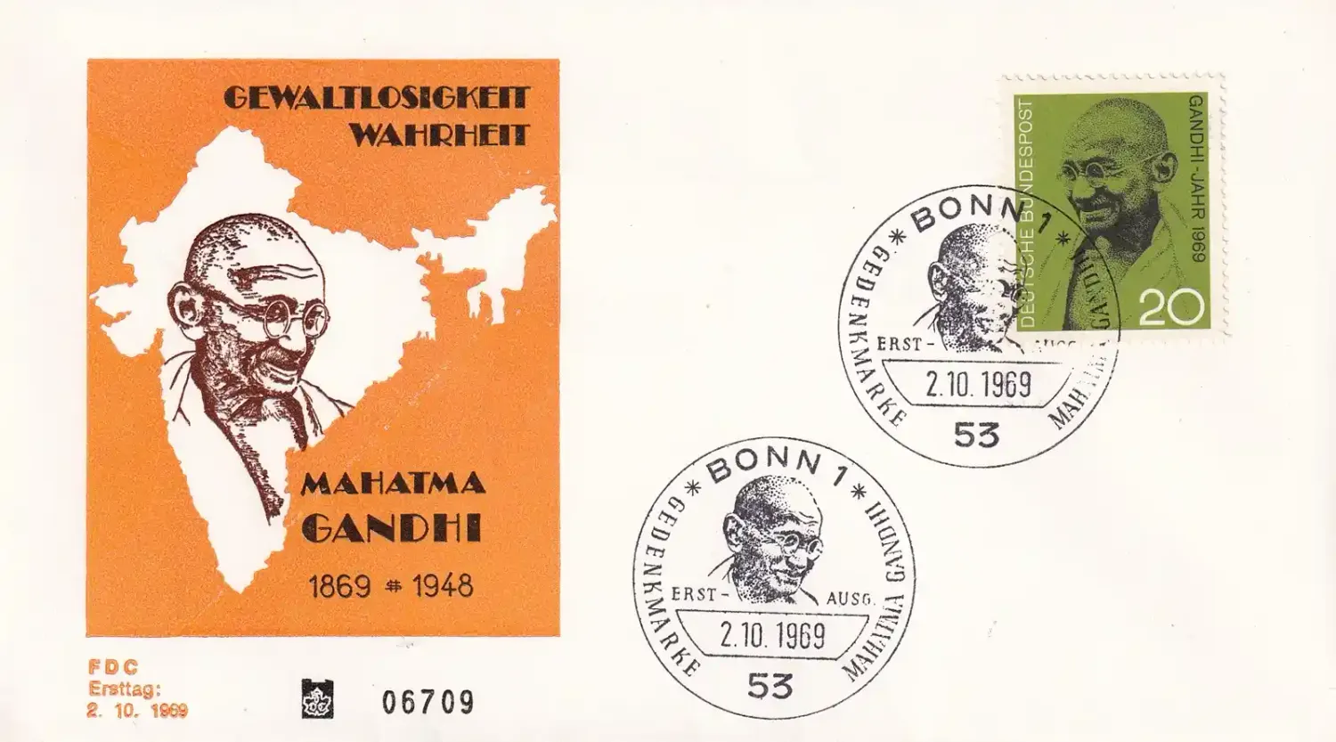 Germany 1969 The 100th Anniv of the Birth of Mahatma Gandhi FDC Germany 1969 The 100th Anniv of the Birth of Mahatma Gandhi FDC