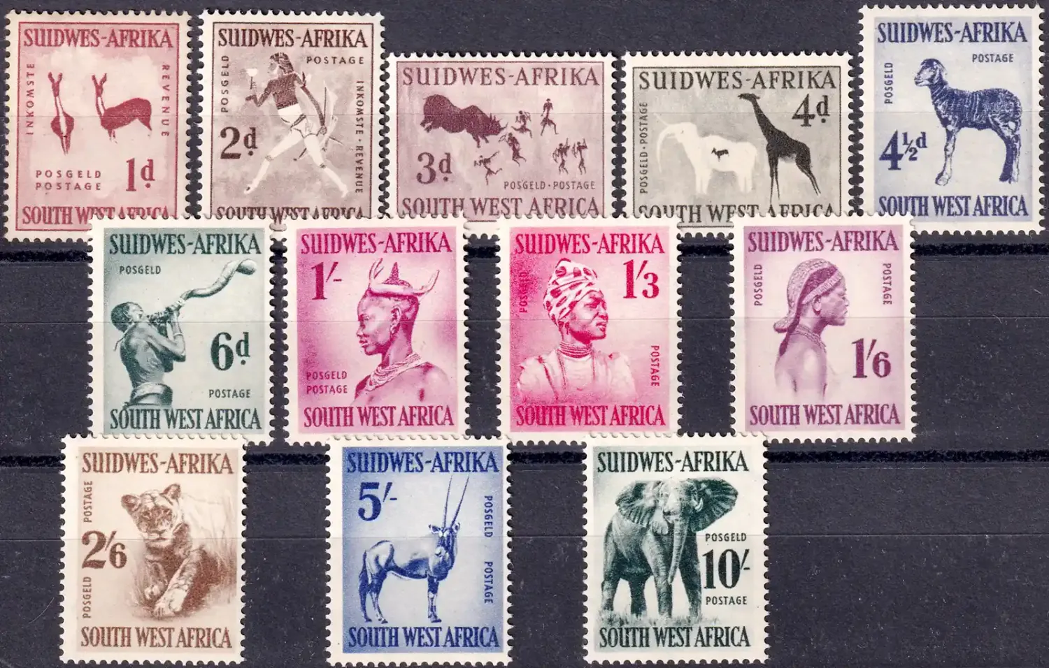 South West Africa 1954 Definitive full set. Rock Carvings, Natives and Animals. MLH(*) South West Africa 1954 Definitive full set. Rock Carvings, Natives and Animals. MLH(*)