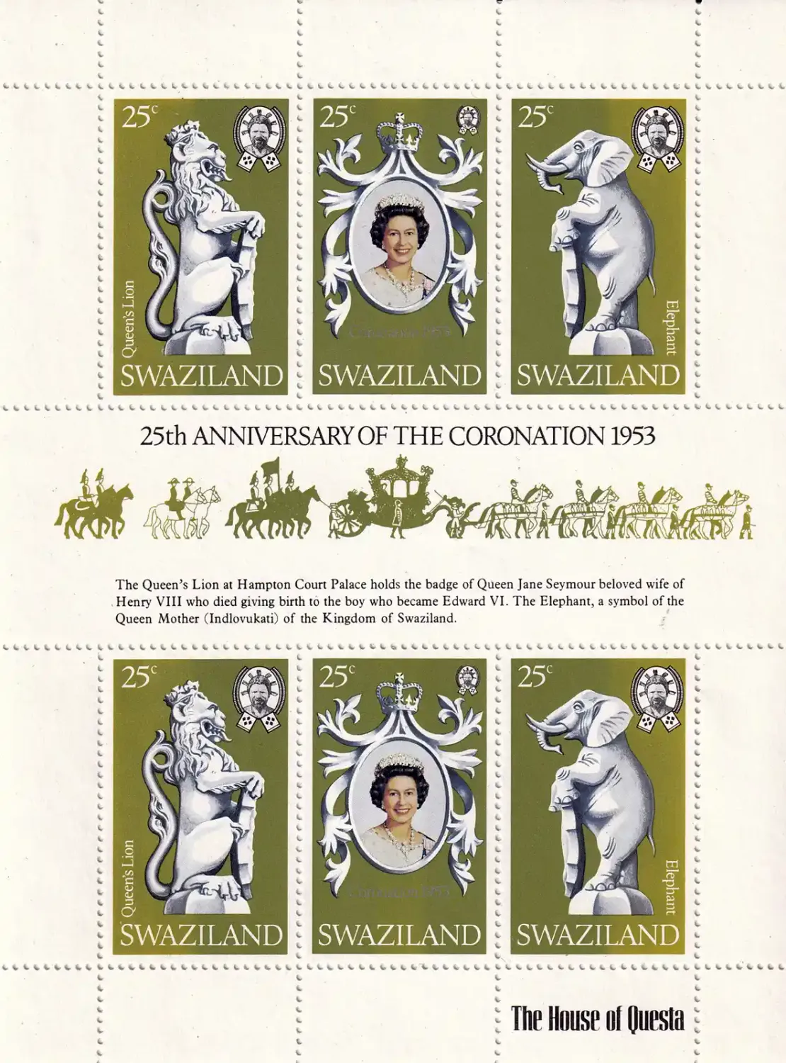 Swaziland 1978 The 25th Anniv of Coronation of Queen Elizabeth II(ss/v6) MNH(**) Swaziland 1978 The 25th Anniv of Coronation of Queen Elizabeth II(ss/v6) MNH(**)