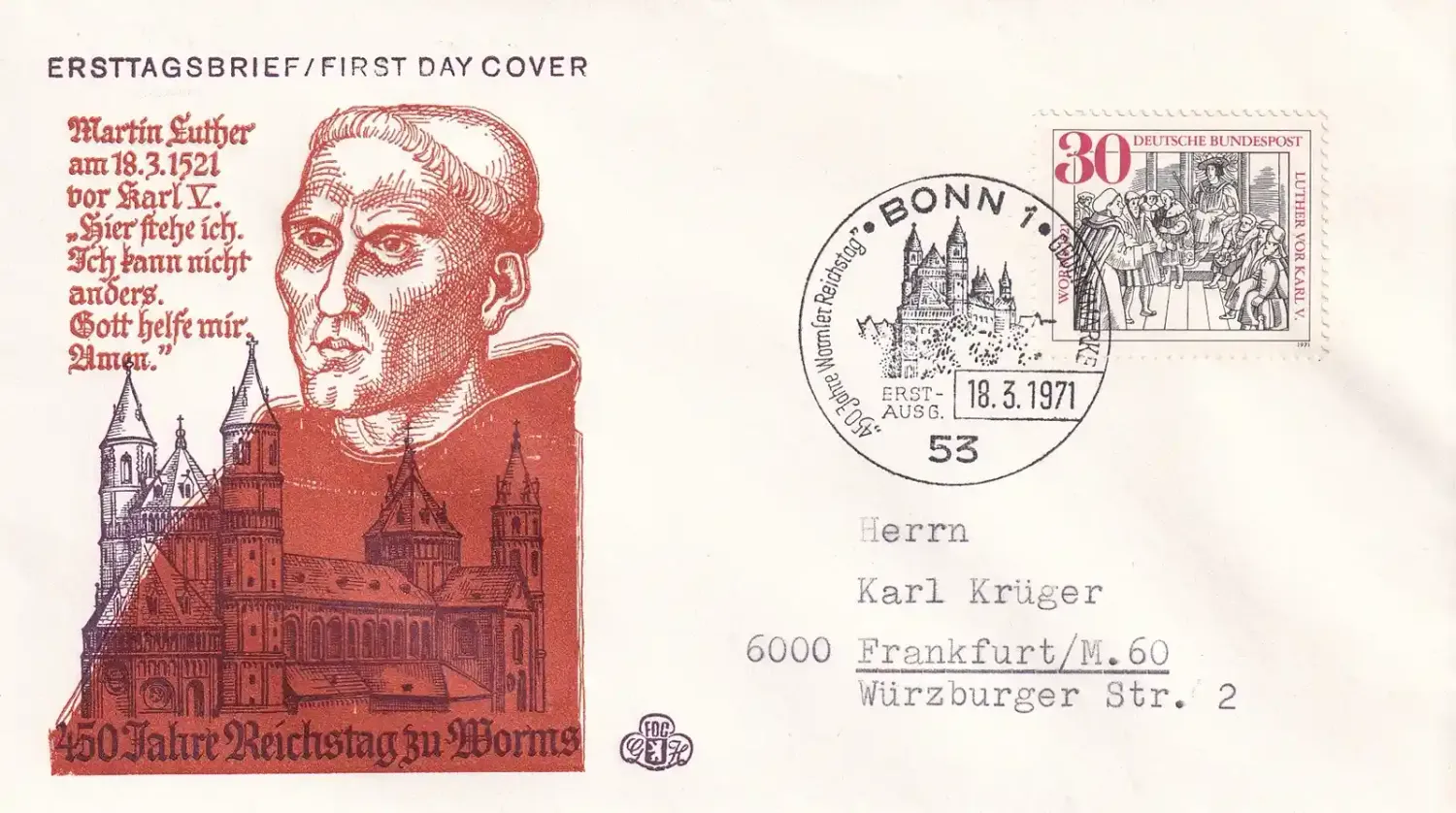 Germany 1971 The 450th Anniv of the Diet of Worms. FDC Germany 1971 The 450th Anniv of the Diet of Worms. FDC