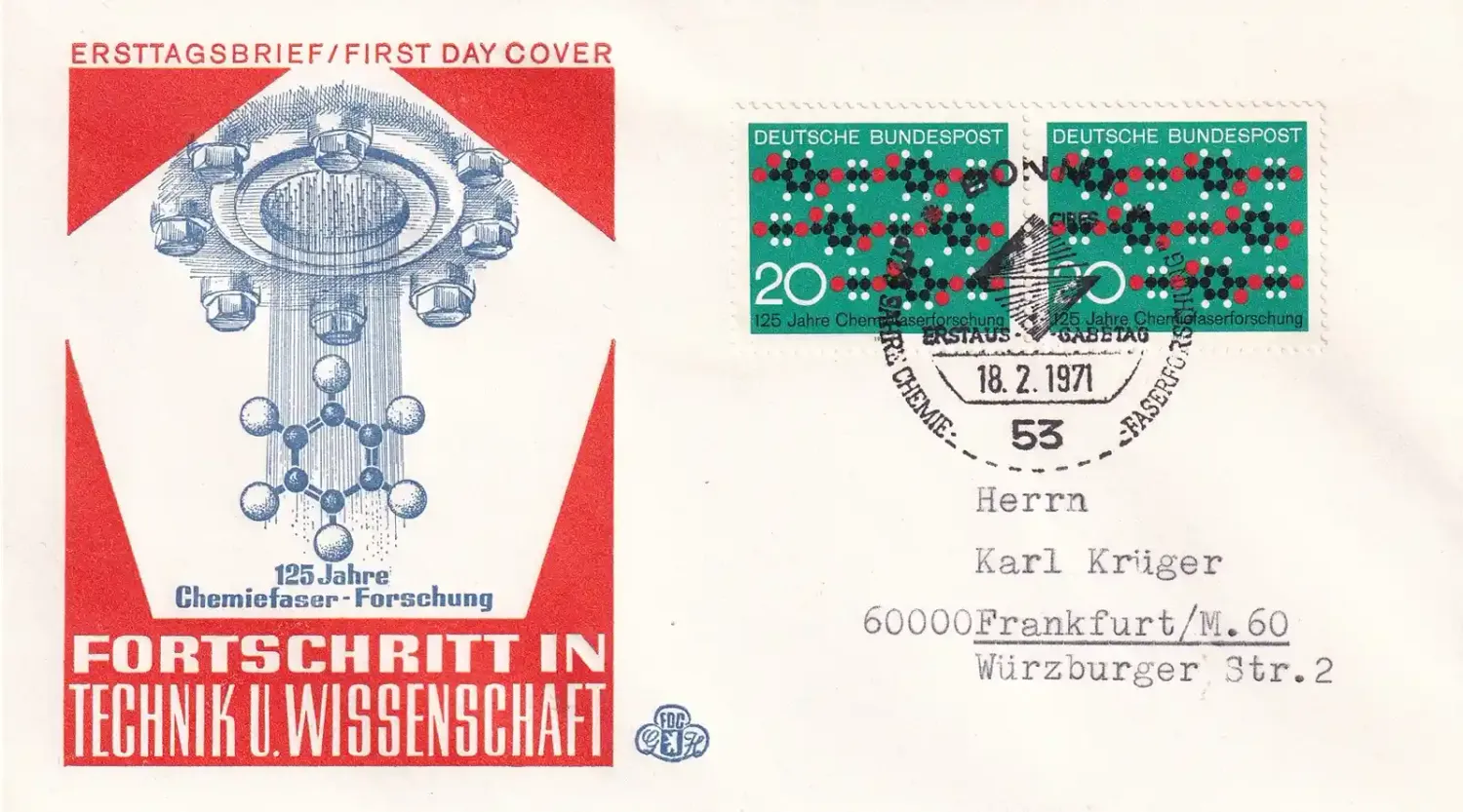 Germany 1971 The 125th Anniv of the Invention of Synthetic Textile Fiber. FDC Germany 1971 The 125th Anniv of the Invention of Synthetic Textile Fiber. FDC