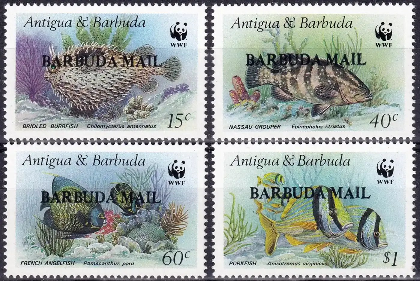 Barbuda 1987 Marine Life (WWF) - Issues of 1987 of Antigua & Barbuda Overprinted "BARBUDA MAIL" (4v). MNH(**) Barbuda 1987 Marine Life (WWF) - Issues of 1987 of Antigua & Barbuda Overprinted "BARBUDA MAIL" (4v). MNH(**)