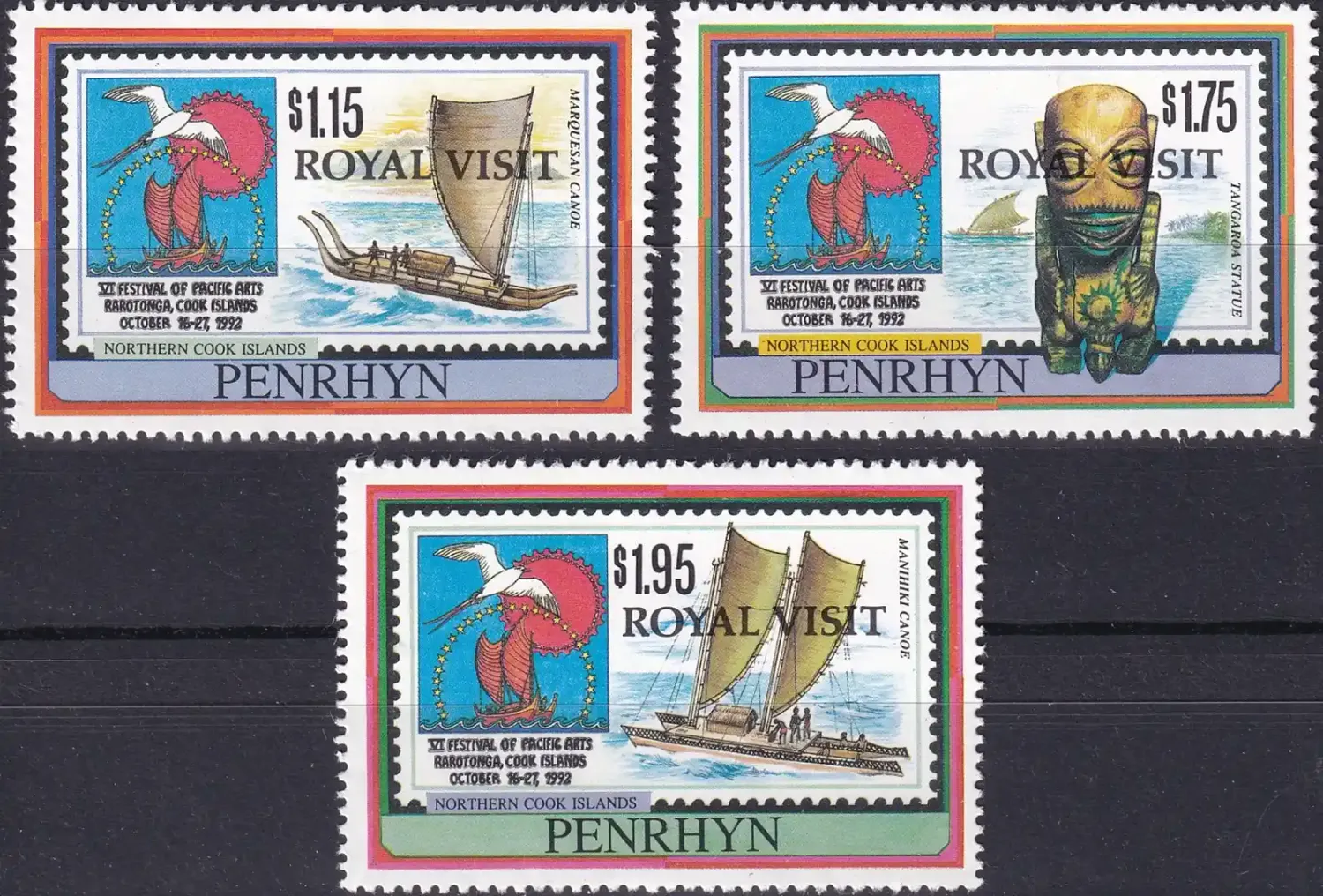 Penrhyn Island 1992 (Ovpt) Visit of Prince Edward to Rarotonga, (3v) MNH(**) Penrhyn Island 1992 (Ovpt) Visit of Prince Edward to Rarotonga, (3v) MNH(**)