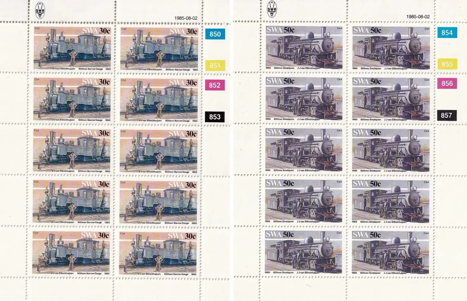 South West Africa 1985 Narrow-gauge Railway Locomotives, Trains (Full/Sheets). MNH(**) South West Africa 1985 Narrow-gauge Railway Locomotives, Trains (Full/Sheets). MNH(**)