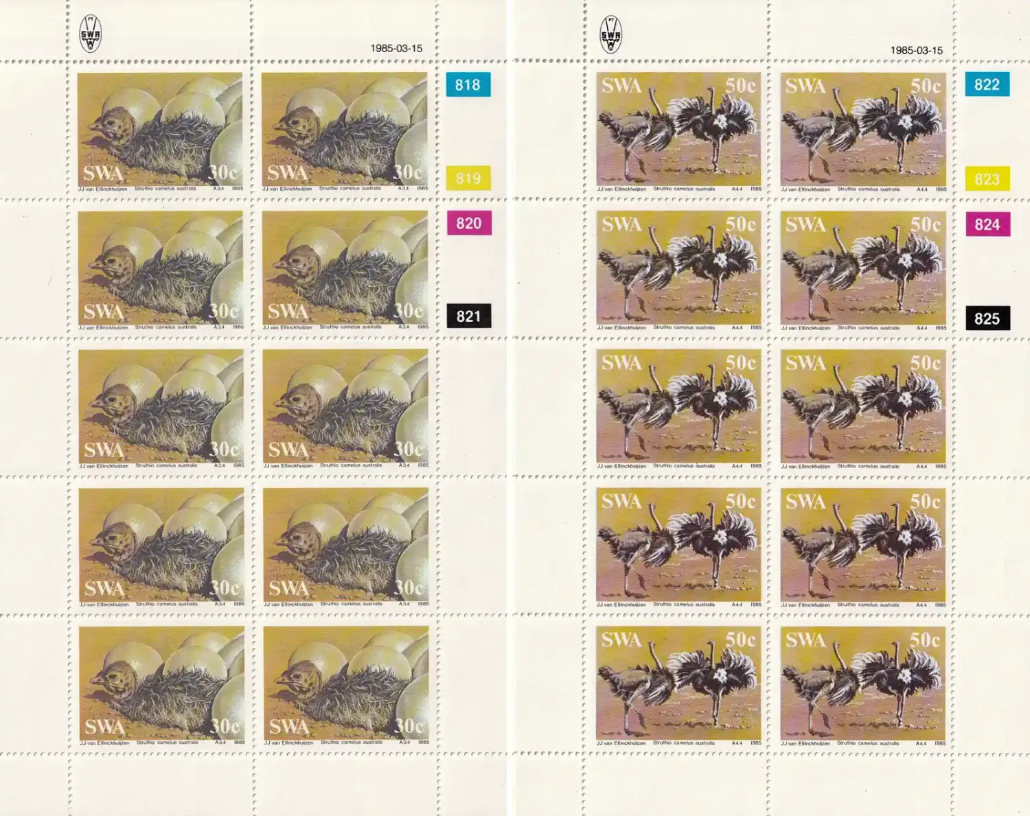 South West Africa 1985 South African Ostrich, Birds (Full/Sheets). MNH(**) South West Africa 1985 South African Ostrich, Birds (Full/Sheets). MNH(**)