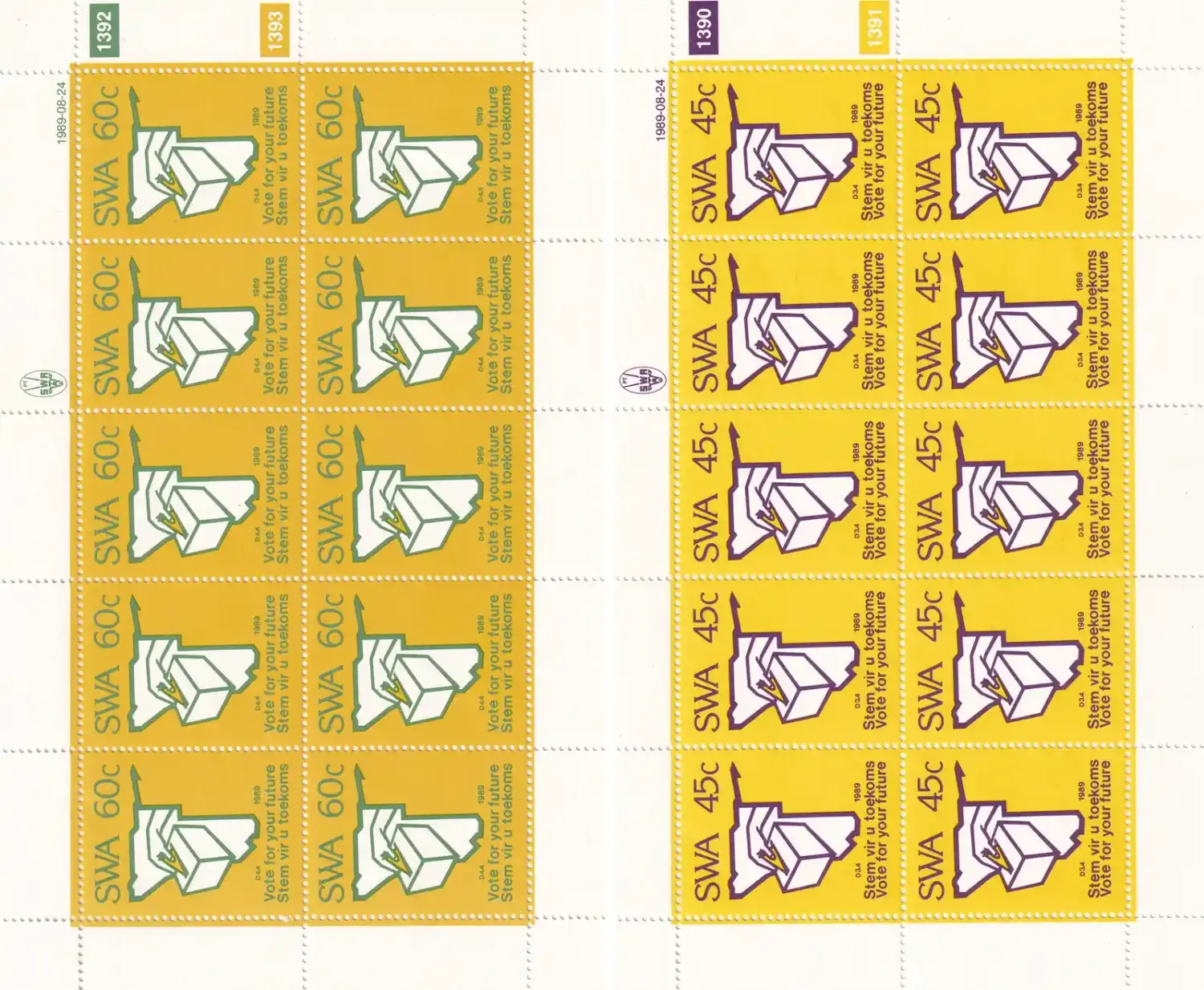 South West Africa 1989 Elections of November 1 (Full/Sheets). MNH(**) South West Africa 1989 Elections of November 1 (Full/Sheets). MNH(**)