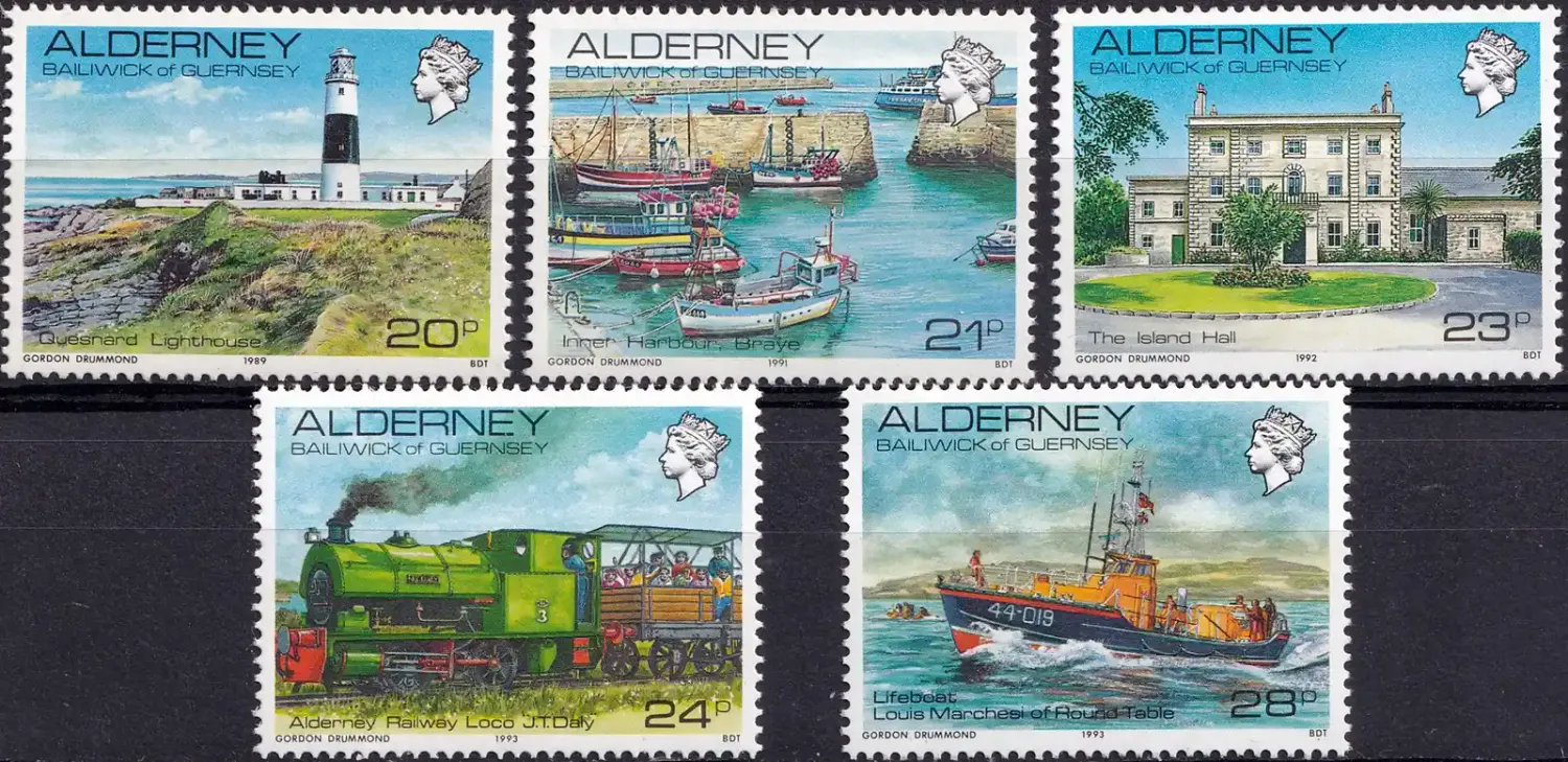 Alderney 1989-1993 Local Motives, Trains, Ships, Buildings (5v) MNH(**) Alderney 1989-1993 Local Motives, Trains, Ships, Buildings (5v) MNH(**)