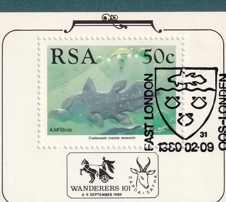South Africa 1989 Coelacanth Discovery/WANDERERS (ss/1v)-CTO South Africa 1989 Coelacanth Discovery/WANDERERS (ss/1v)-CTO