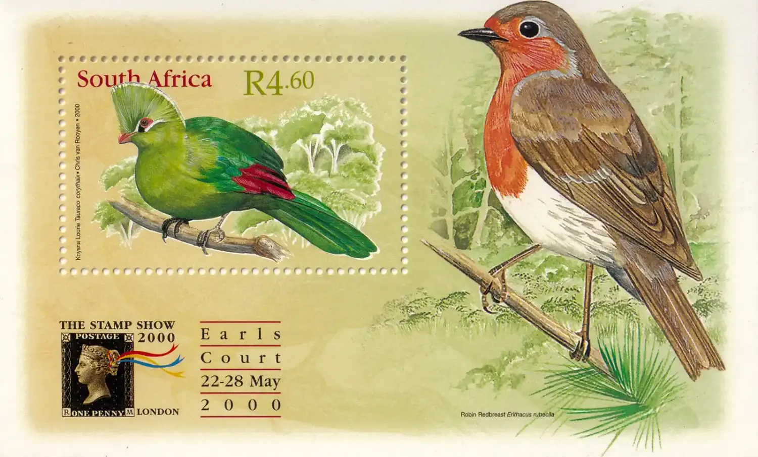 South Africa 2000 Birds - Int Stamp Exhibition "THE STAMP SHOW 2000" - London, England (ss/1v). MNH South Africa 2000 Birds - Int Stamp Exhibition "THE STAMP SHOW 2000" - London, England (ss/1v). MNH
