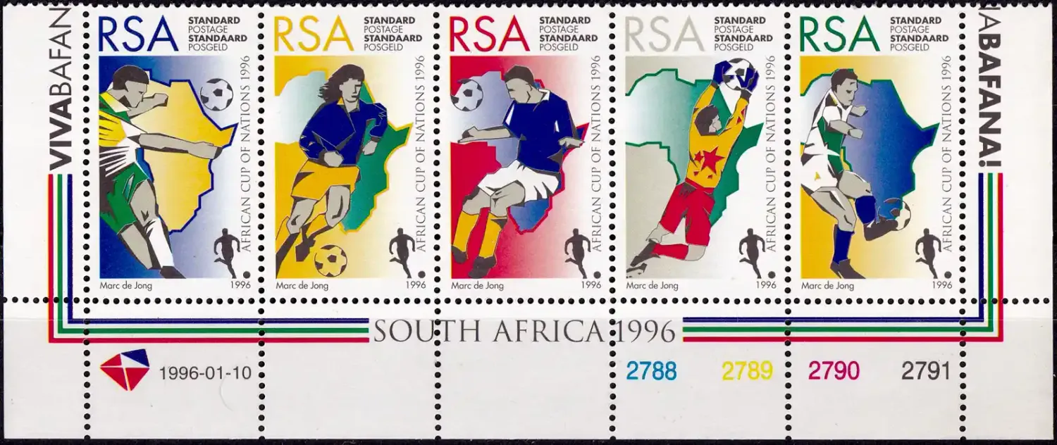 South Africa 1996 African Nations Football Championship, South Africa - Map and Players (5v) MNH(**) South Africa 1996 African Nations Football Championship, South Africa - Map and Players (5v) MNH(**)