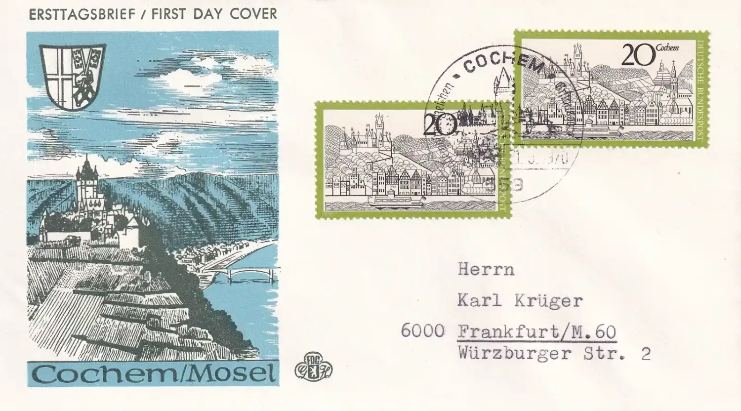 Germany 1970 The Town Cochem. FDC Germany 1970 The Town Cochem. FDC