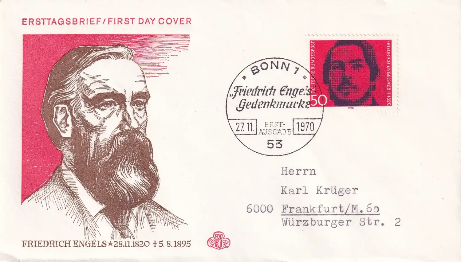 Germany 1970 The 150th Anniv of the Birth of Fr. Engel. FDC Germany 1970 The 150th Anniv of the Birth of Fr. Engel. FDC