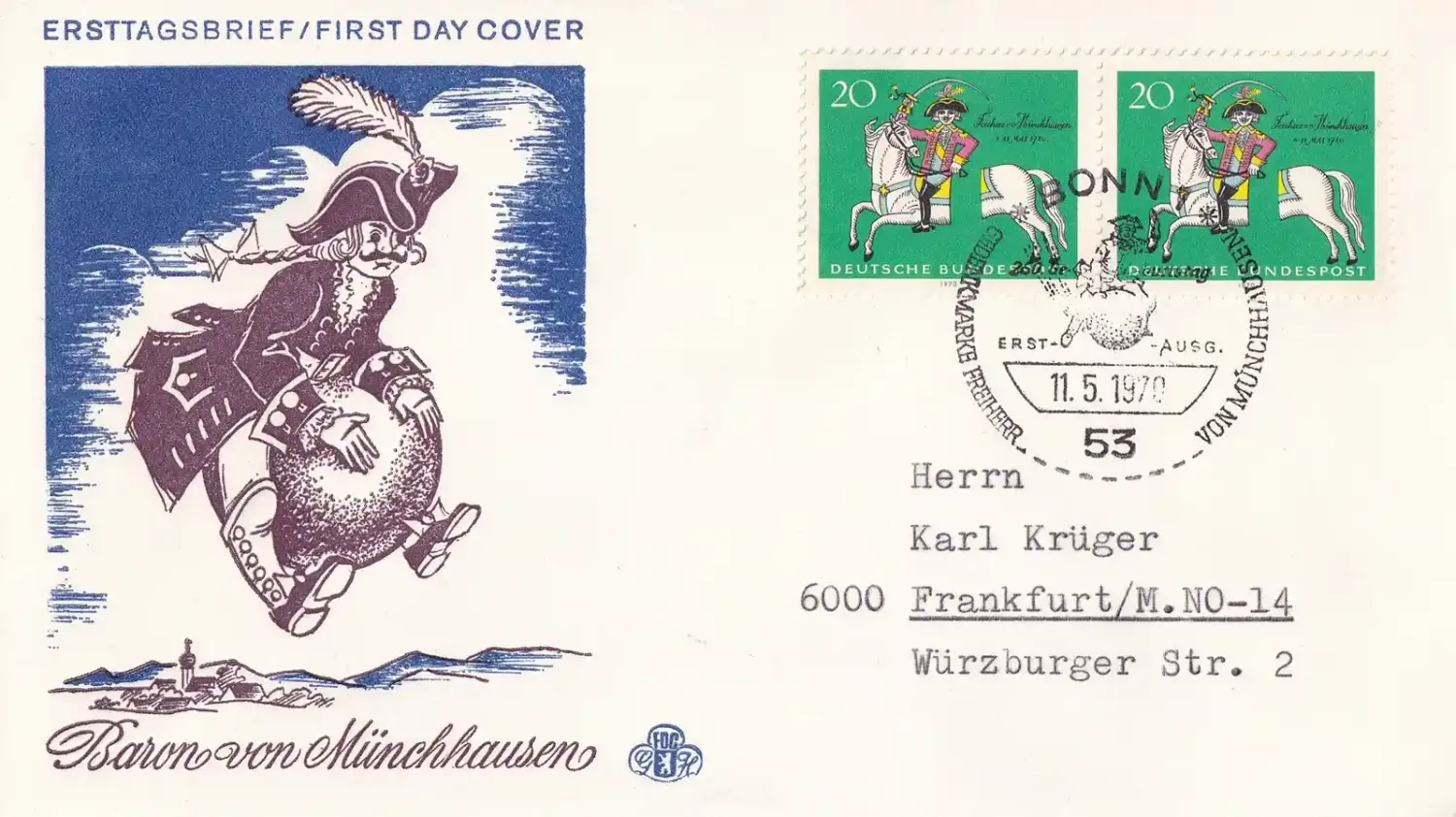 Germany 1970 The 250th Anniv of the Birth of Baron von Münchhausen. FDC Germany 1970 The 250th Anniv of the Birth of Baron von Münchhausen. FDC