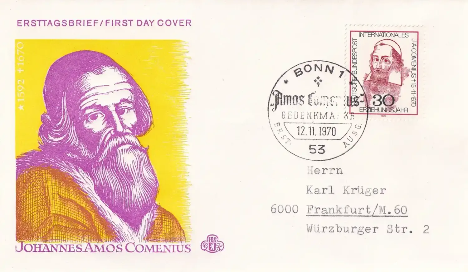 Germany 1970 The 300th Anniv of the Death of Amos Comenius. FDC Germany 1970 The 300th Anniv of the Death of Amos Comenius. FDC