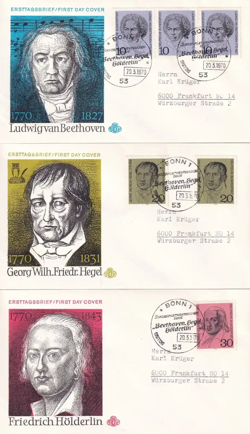 Germany 1970 The 200th Anniv of the Birth of Beethoven, Hegel, and Hölderlin. FDC Germany 1970 The 200th Anniv of the Birth of Beethoven, Hegel, and Hölderlin. FDC