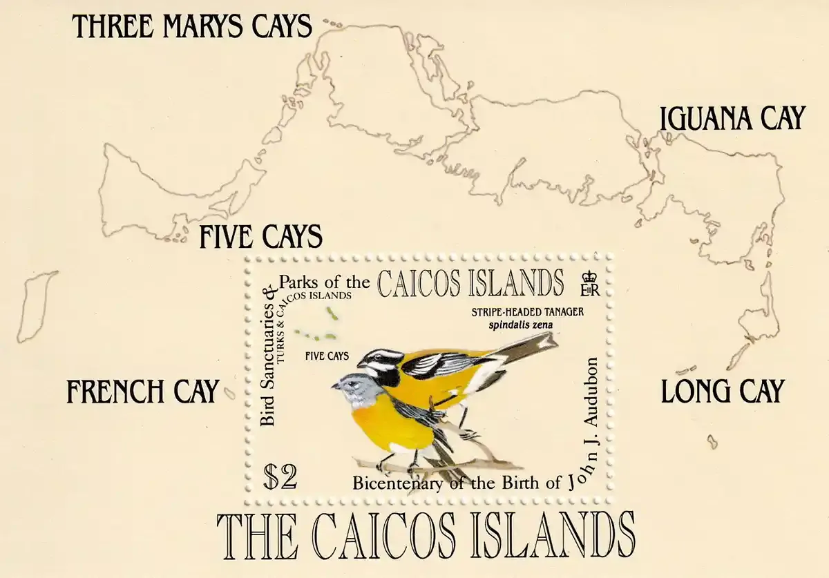 Caicos Islands 1985 Birds - The 200th Anniv of the Birth of John James Audubon (ss/1v). MNH(**)