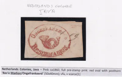 Netherlands 1860 Colonies, Java. Red oval postmark with a posthorn and the text "Res'e Madion / Ongefrankeerd". Netherlands 1860 Colonies, Java. Red oval postmark with a posthorn and the text "Res'e Madion / Ongefrankeerd".
