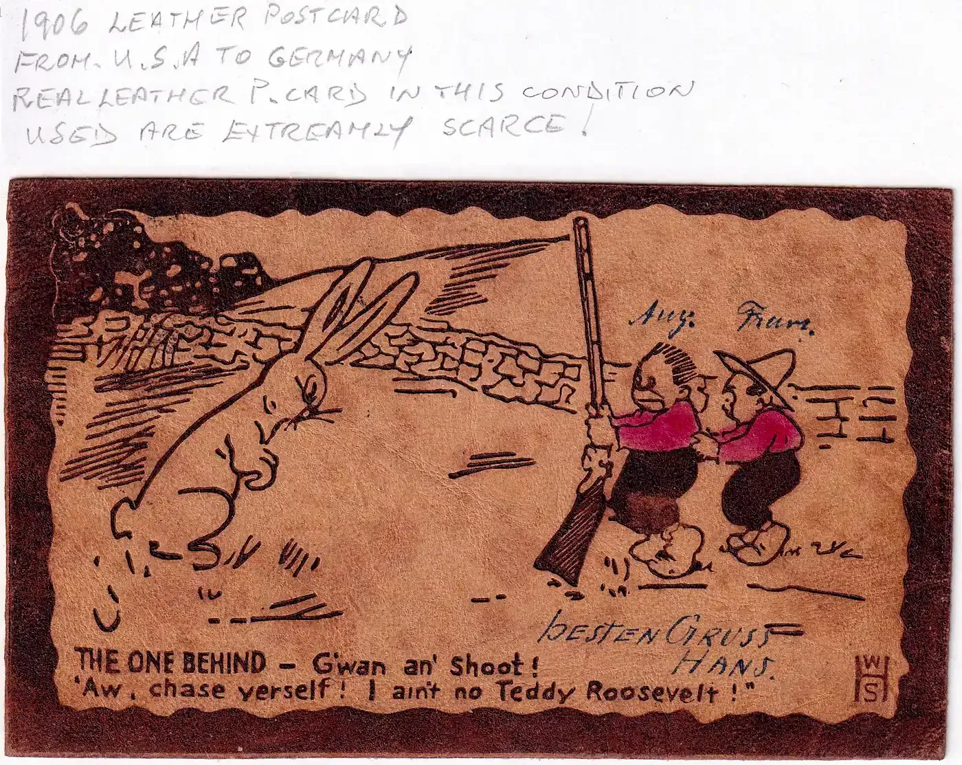 USA 1906, Leather postcard to Germany. VFU USA 1906, Leather postcard to Germany. VFU