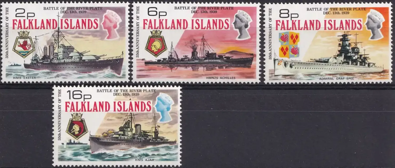 Falkland Islands 1974 Ships, 35th Anniv of the Battle of the River Plate (4v). MNH(**) Falkland Islands 1974 Ships, 35th Anniv of the Battle of the River Plate (4v). MNH(**)