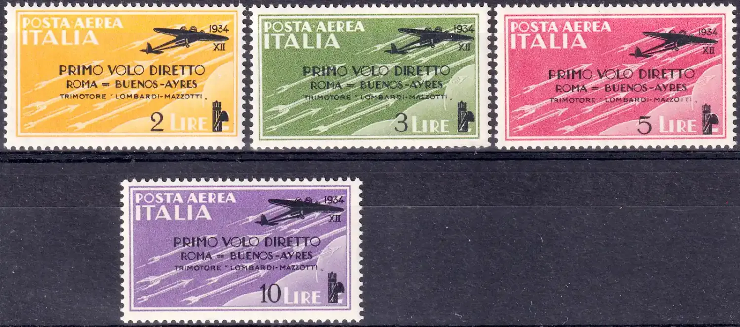 Italy 1934 Airmail - First Flight Rome-Buenos Aires - Airmail Stamp of 1930 in New Colours and Surcharged. MNH(**) Italy 1934 Airmail - First Flight Rome-Buenos Aires - Airmail Stamp of 1930 in New Colours and Surcharged. MNH(**)