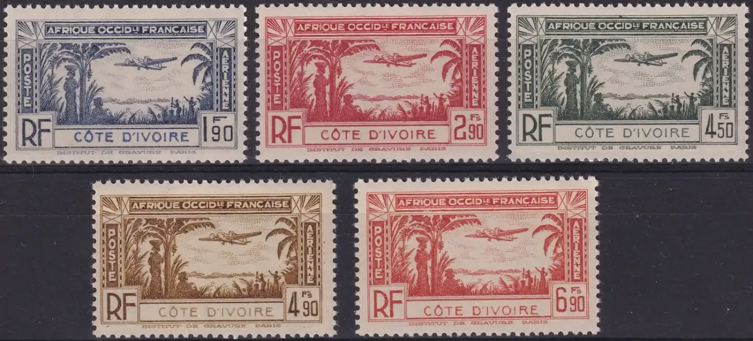 Ivory Coast 1940 Airmail - Aircraft over Coastal Landscape (5v). MNH(**)